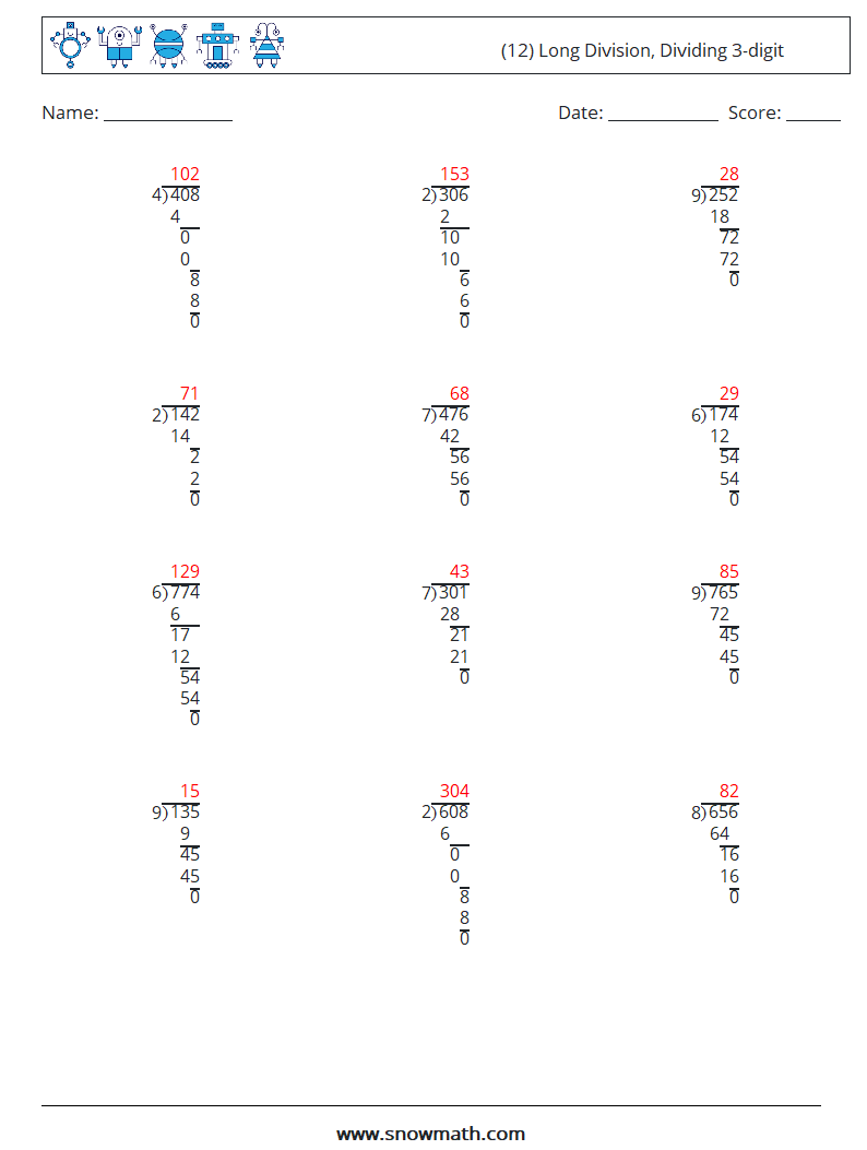 (12) Long Division, Dividing 3-digit Math Worksheets 13 Question, Answer