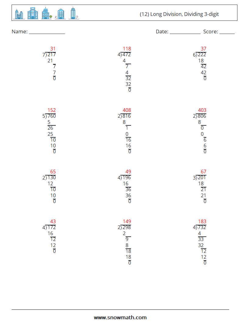 (12) Long Division, Dividing 3-digit Math Worksheets 14 Question, Answer