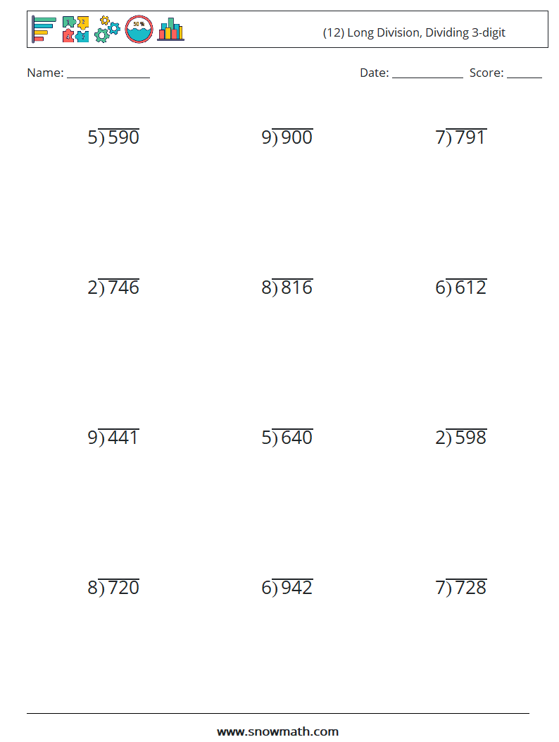 (12) Long Division, Dividing 3-digit Math Worksheets 15