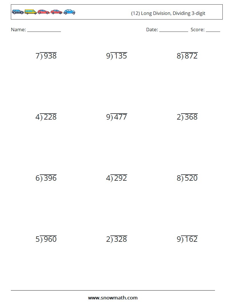 (12) Long Division, Dividing 3-digit Math Worksheets 16