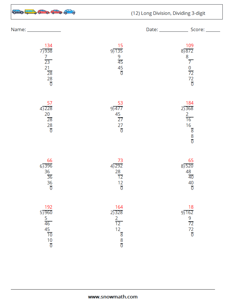 (12) Long Division, Dividing 3-digit Math Worksheets 16 Question, Answer