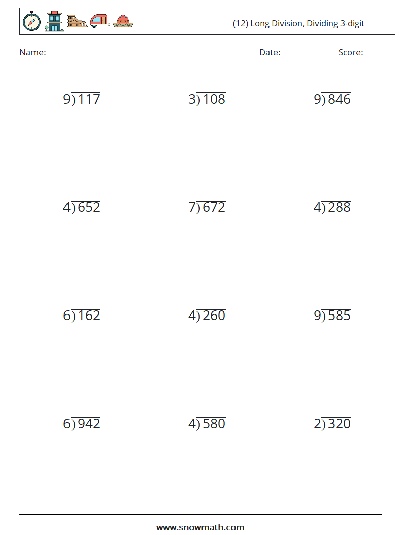 (12) Long Division, Dividing 3-digit Math Worksheets 17