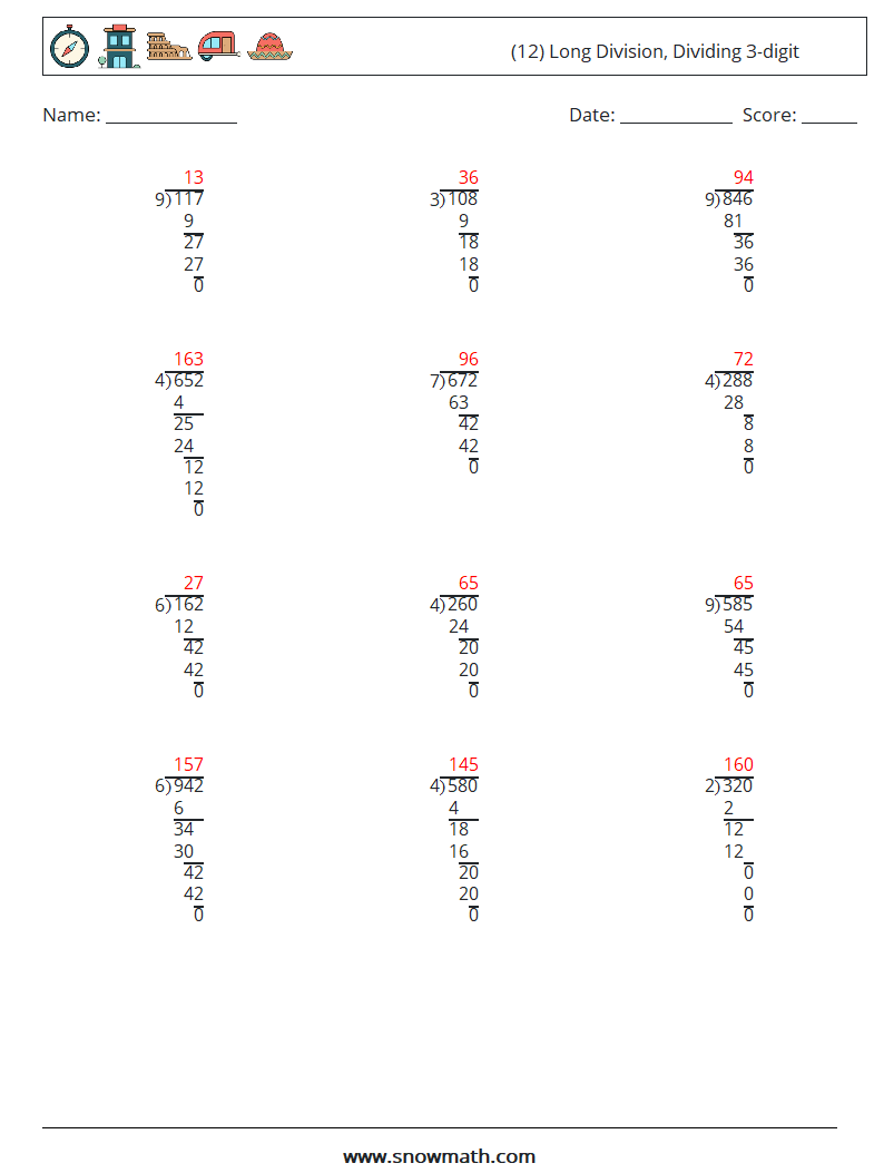 (12) Long Division, Dividing 3-digit Math Worksheets 17 Question, Answer