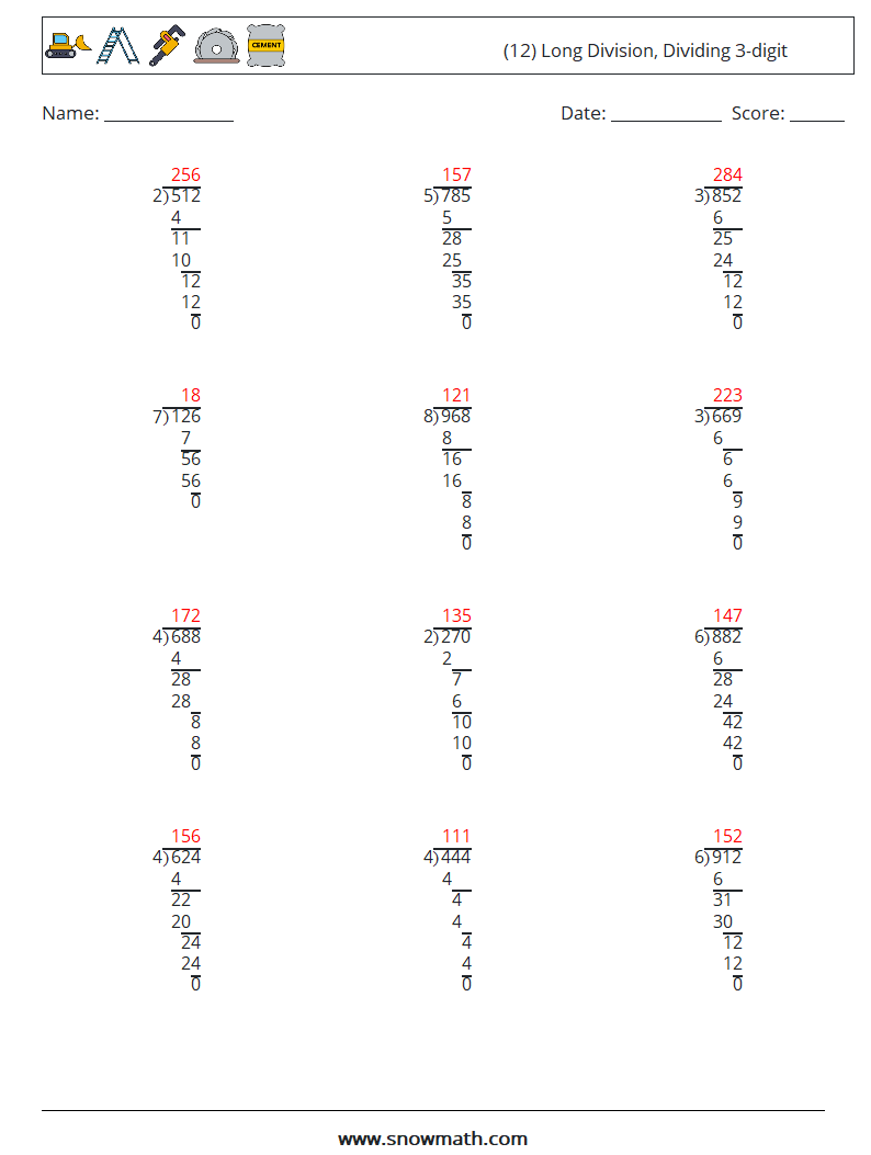 (12) Long Division, Dividing 3-digit Math Worksheets 18 Question, Answer