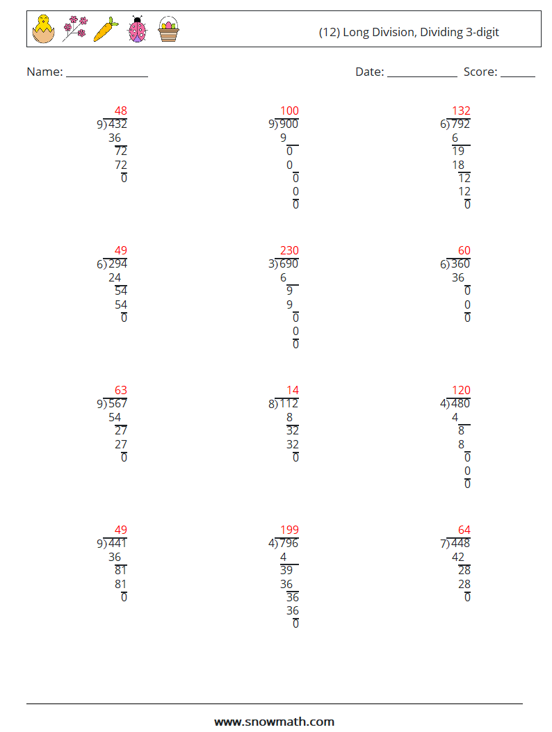 (12) Long Division, Dividing 3-digit Math Worksheets 2 Question, Answer