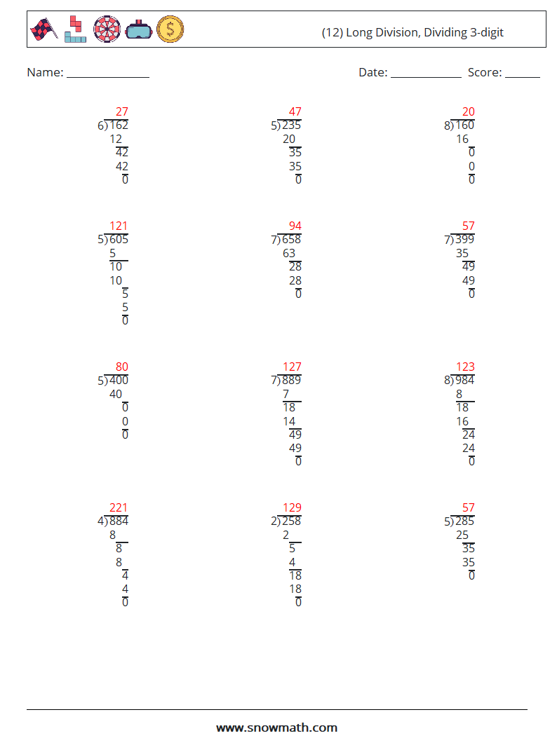 (12) Long Division, Dividing 3-digit Math Worksheets 5 Question, Answer