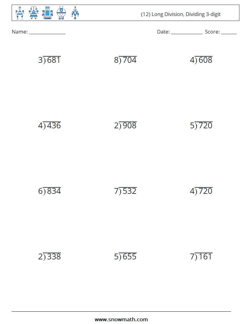 (12) Long Division, Dividing 3-digit Math Worksheets 6
