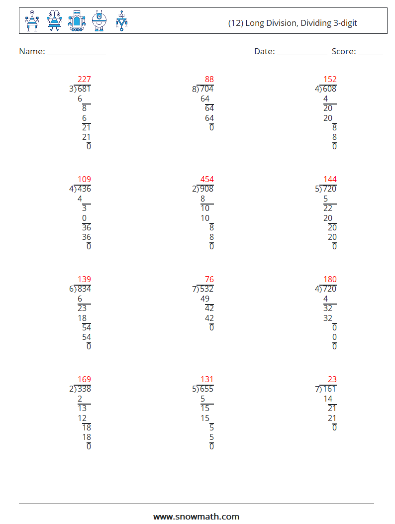 (12) Long Division, Dividing 3-digit Math Worksheets 6 Question, Answer