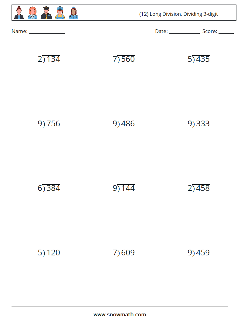 (12) Long Division, Dividing 3-digit Math Worksheets 7