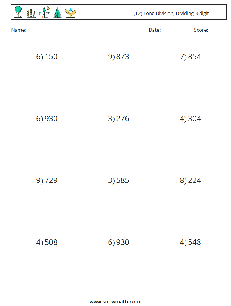 (12) Long Division, Dividing 3-digit Math Worksheets 9