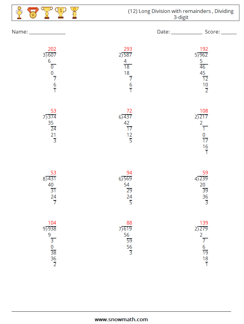 (12) Long Division with remainders , Dividing 3-digit Math Worksheets 10 Question, Answer