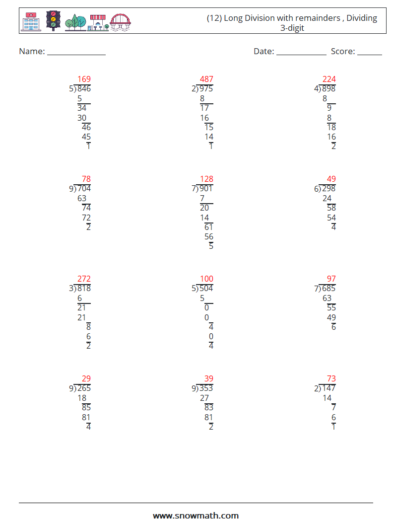 (12) Long Division with remainders , Dividing 3-digit Math Worksheets 11 Question, Answer