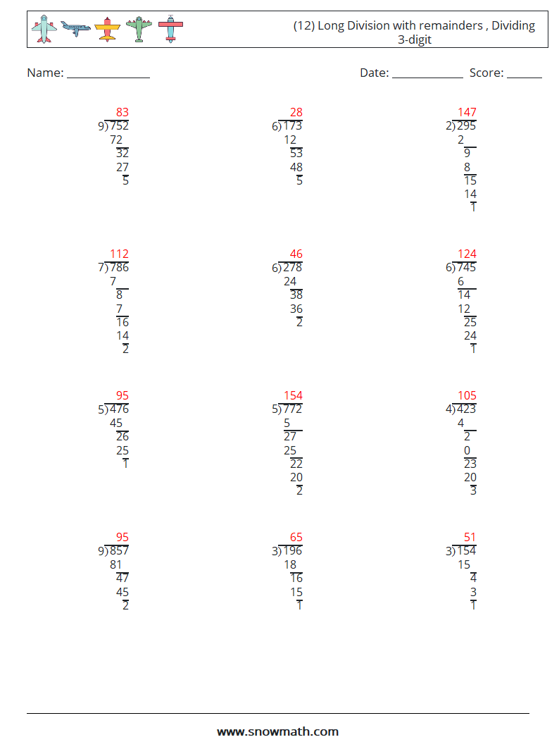 (12) Long Division with remainders , Dividing 3-digit Math Worksheets 13 Question, Answer