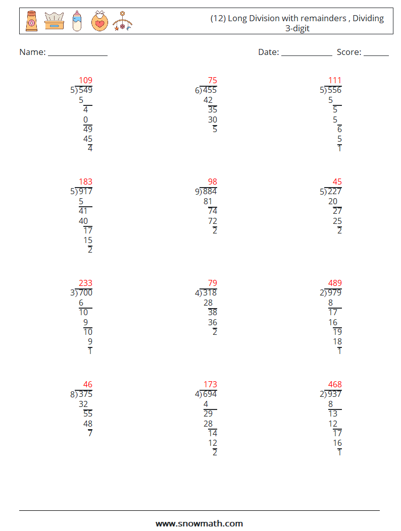 (12) Long Division with remainders , Dividing 3-digit Math Worksheets 15 Question, Answer