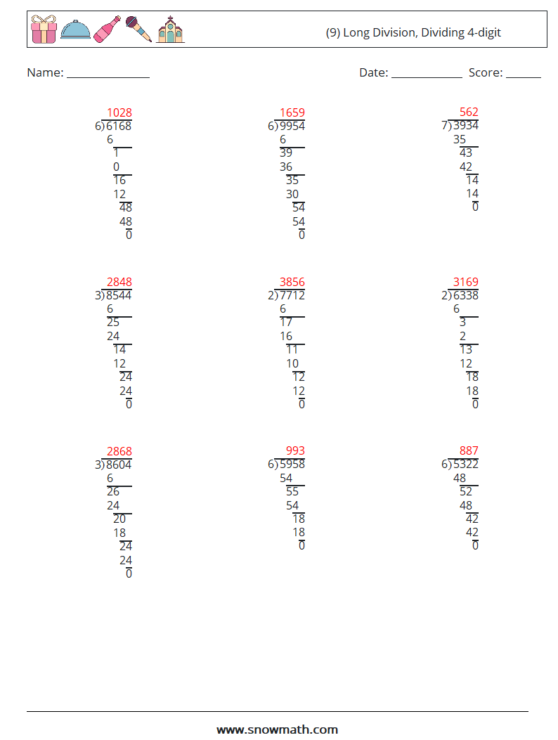 (9) Long Division, Dividing 4-digit Math Worksheets 13 Question, Answer