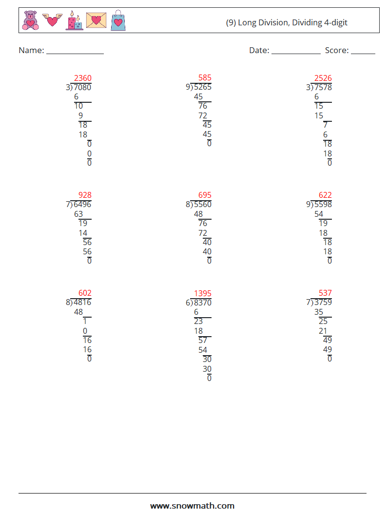 (9) Long Division, Dividing 4-digit Math Worksheets 16 Question, Answer