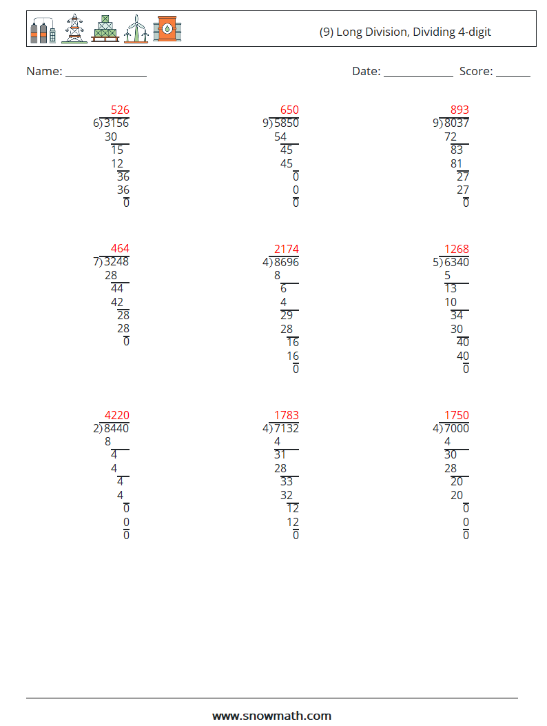 (9) Long Division, Dividing 4-digit Math Worksheets 2 Question, Answer