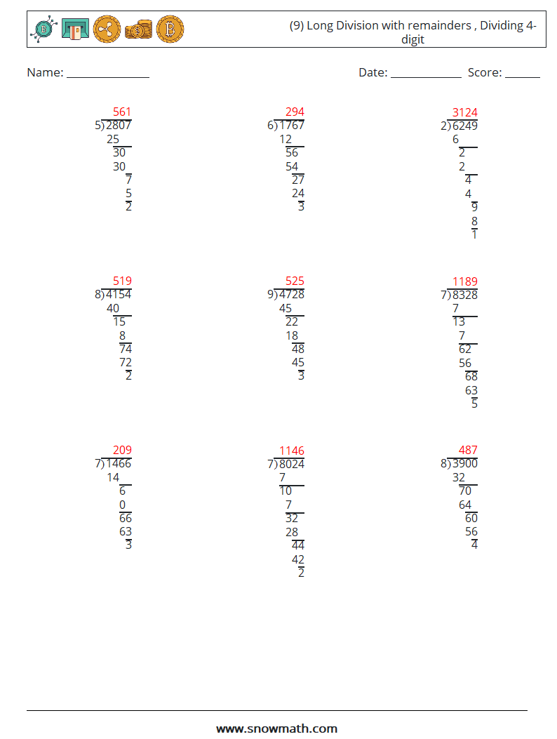 (9) Long Division with remainders , Dividing 4-digit Math Worksheets 14 Question, Answer