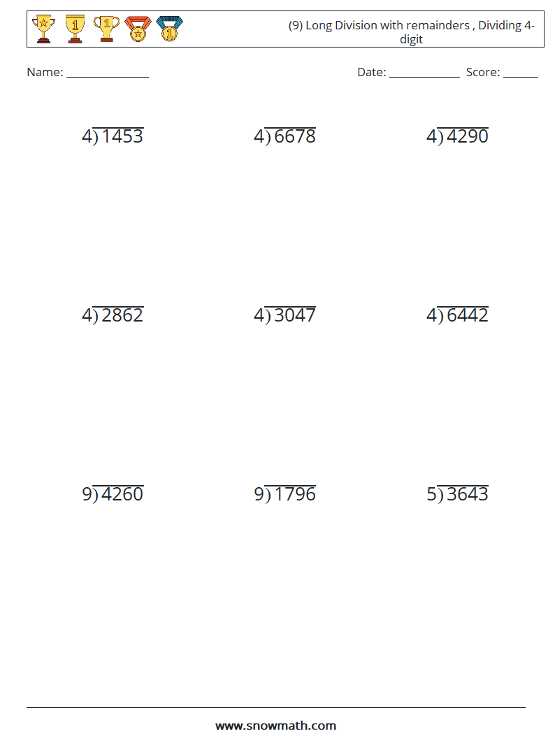 (9) Long Division with remainders , Dividing 4-digit Math Worksheets 17