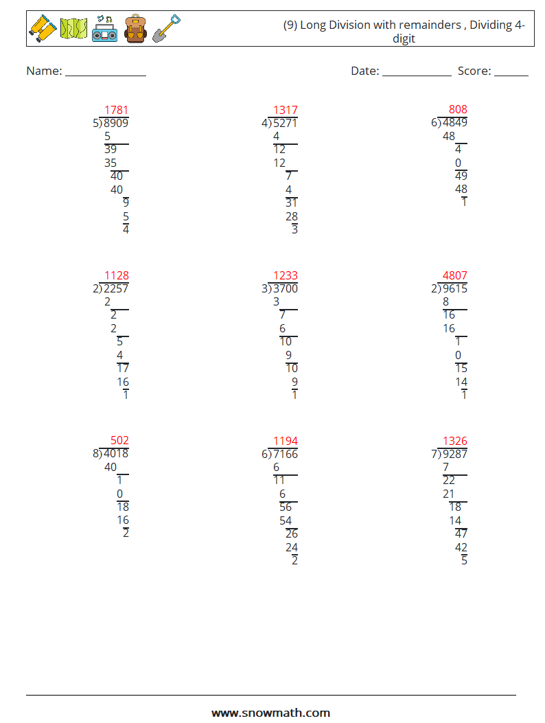 (9) Long Division with remainders , Dividing 4-digit Math Worksheets 18 Question, Answer