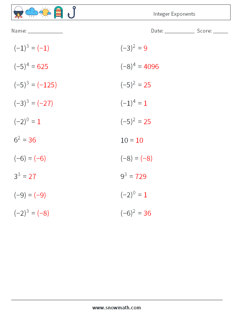 Integer Exponents Math Worksheets 2 Question, Answer