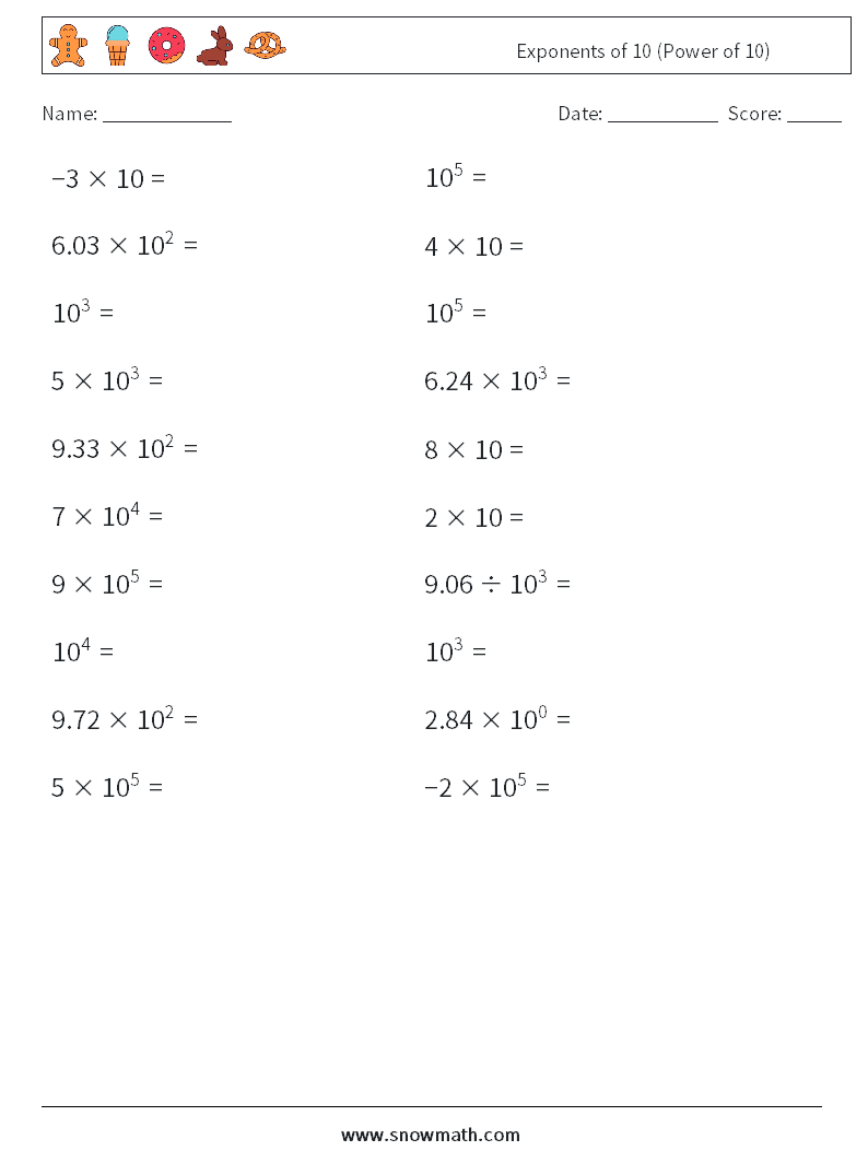 Exponents of 10 (Power of 10) Math Worksheets 1