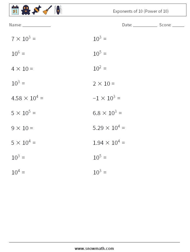 Exponents of 10 (Power of 10) Math Worksheets 2