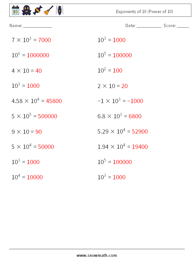 Exponents of 10 (Power of 10) Math Worksheets 2 Question, Answer