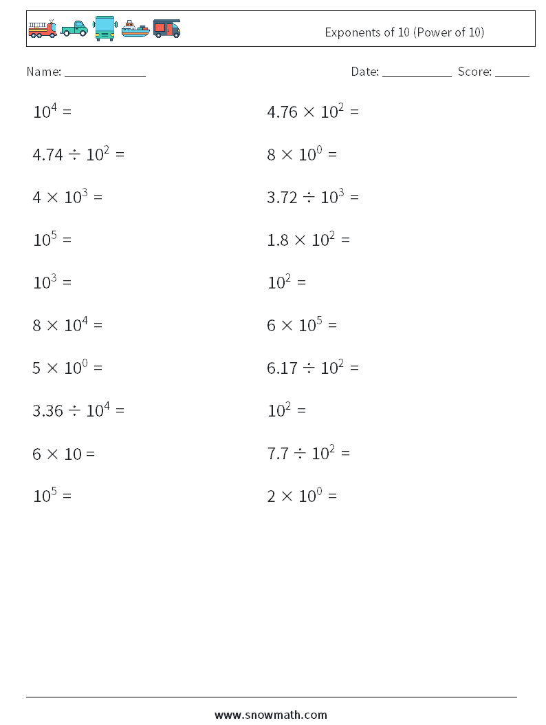 Exponents of 10 (Power of 10) Math Worksheets 3