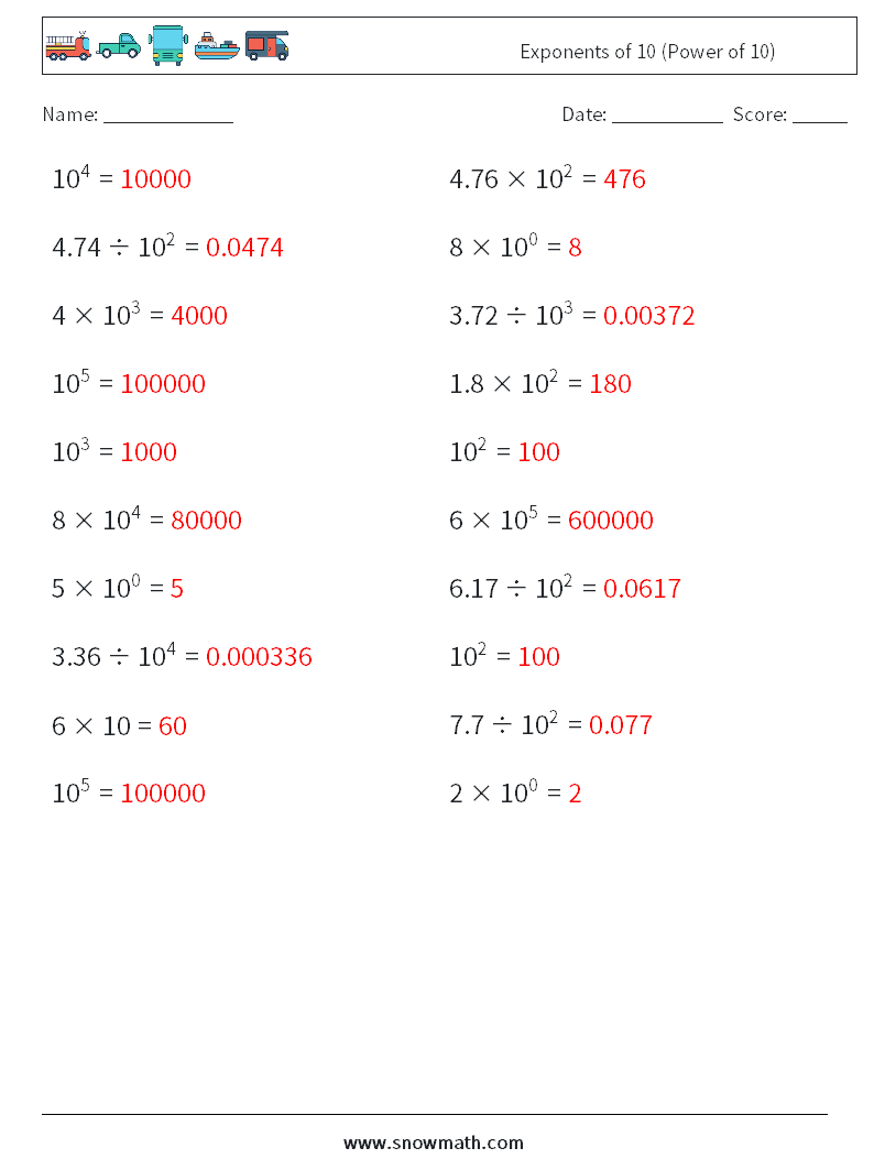 Exponents of 10 (Power of 10) Math Worksheets 3 Question, Answer