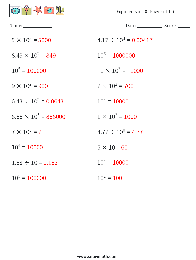 Exponents of 10 (Power of 10) Math Worksheets 4 Question, Answer