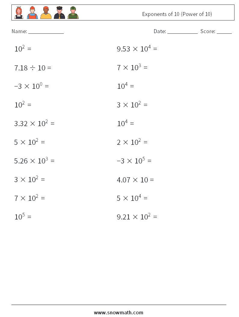 Exponents of 10 (Power of 10) Math Worksheets 5