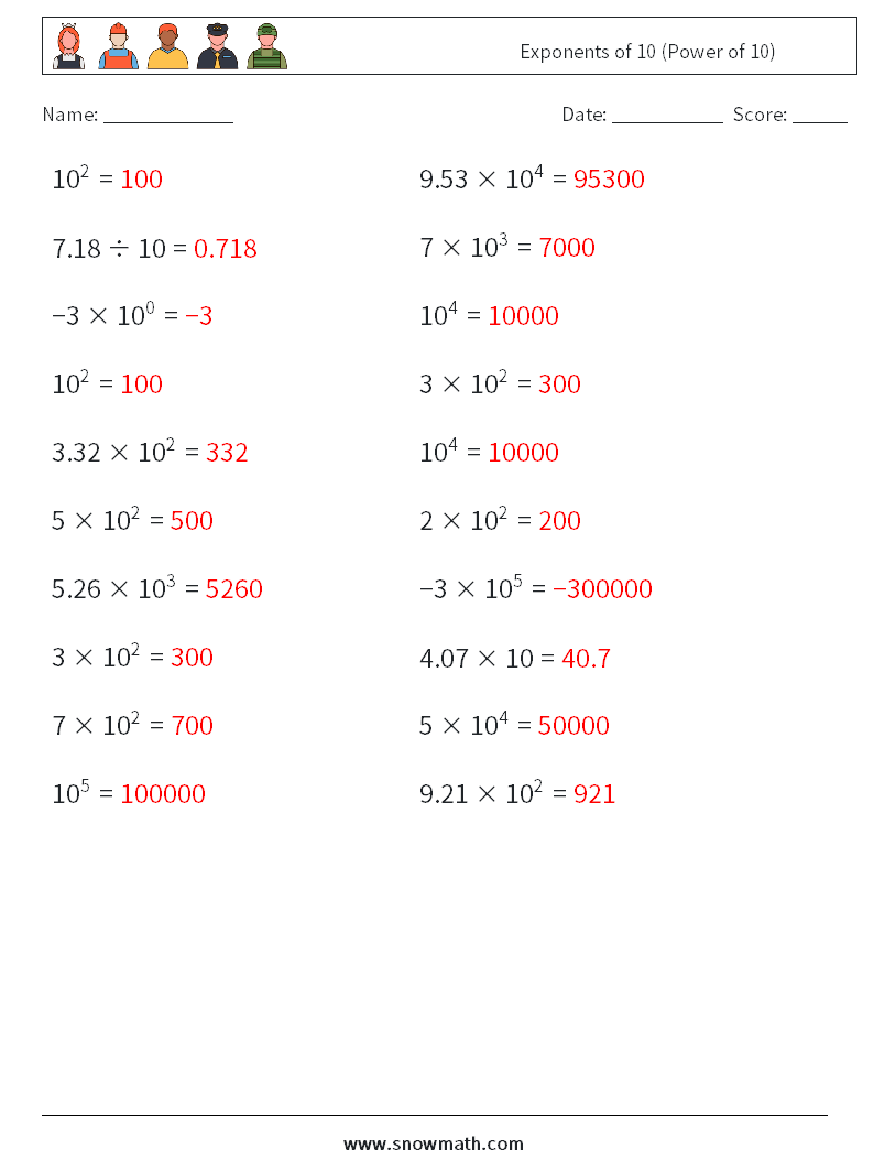 Exponents of 10 (Power of 10) Math Worksheets 5 Question, Answer