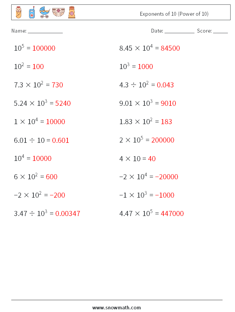 Exponents of 10 (Power of 10) Math Worksheets 6 Question, Answer