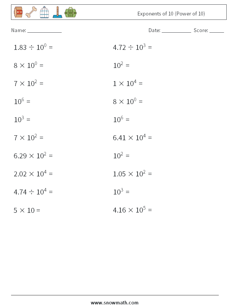Exponents of 10 (Power of 10) Math Worksheets 7