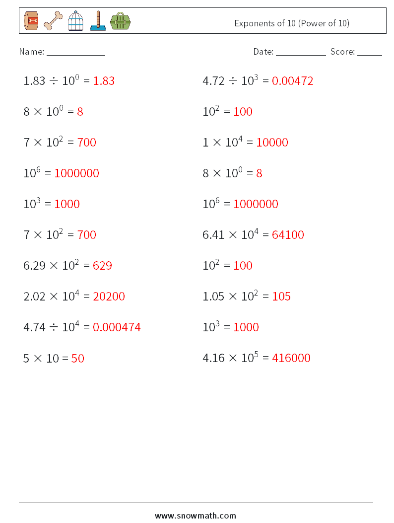 Exponents of 10 (Power of 10) Math Worksheets 7 Question, Answer