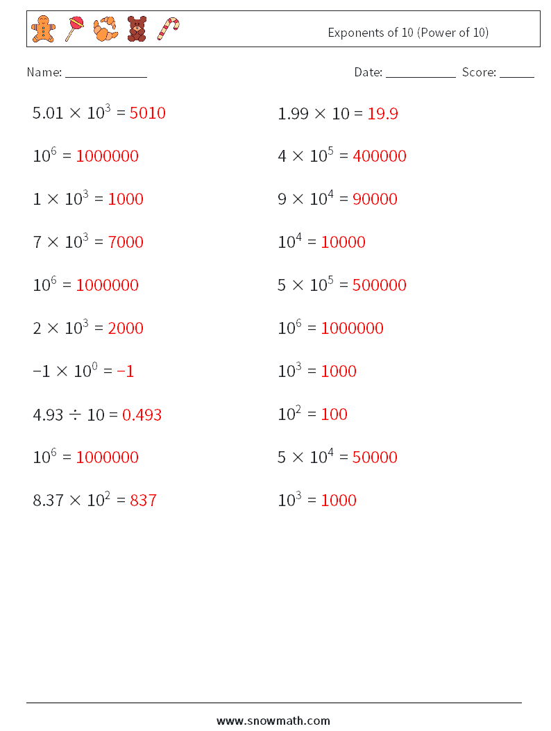 Exponents of 10 (Power of 10) Math Worksheets 8 Question, Answer
