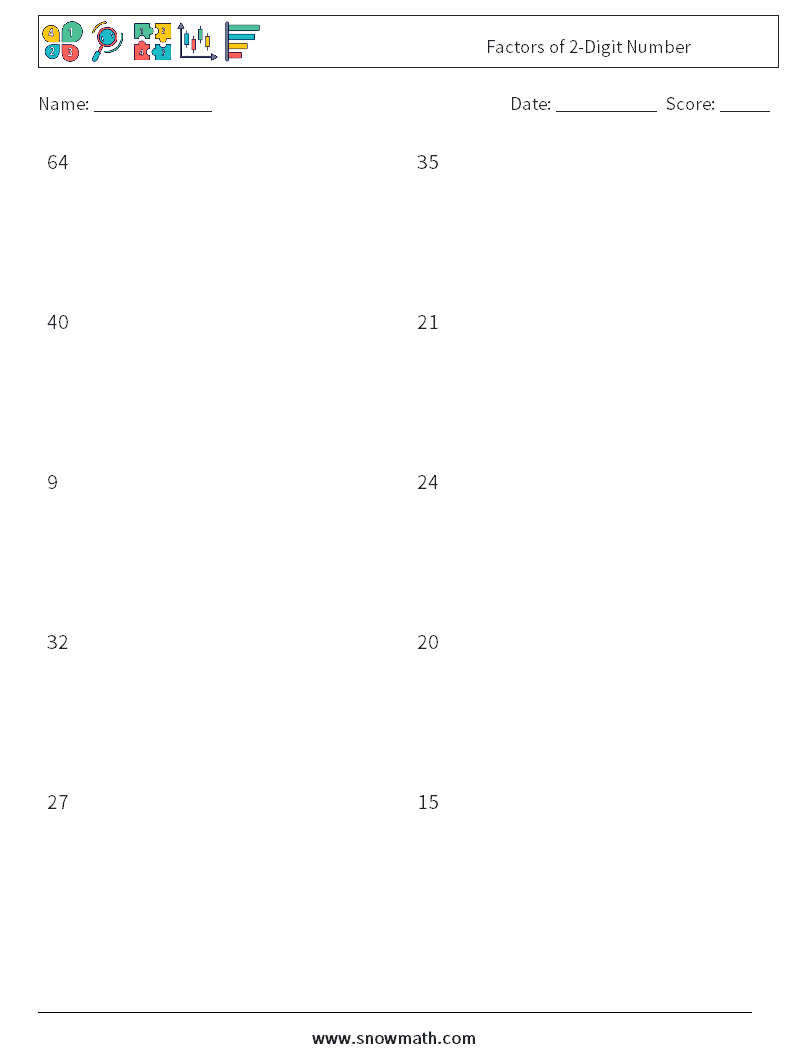 Factors of 2-Digit Number Math Worksheets 1