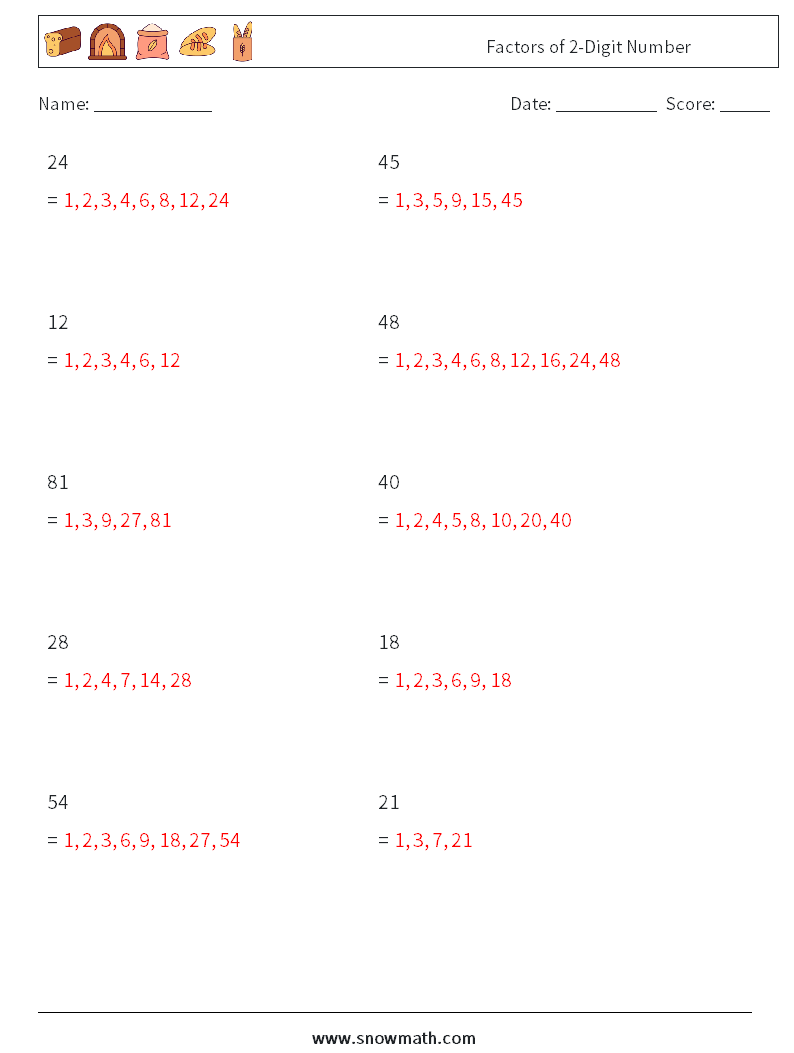Factors of 2-Digit Number Math Worksheets 2 Question, Answer
