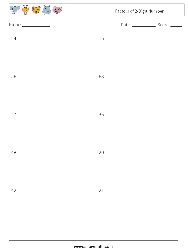 Factors of 2-Digit Number Math Worksheets 3