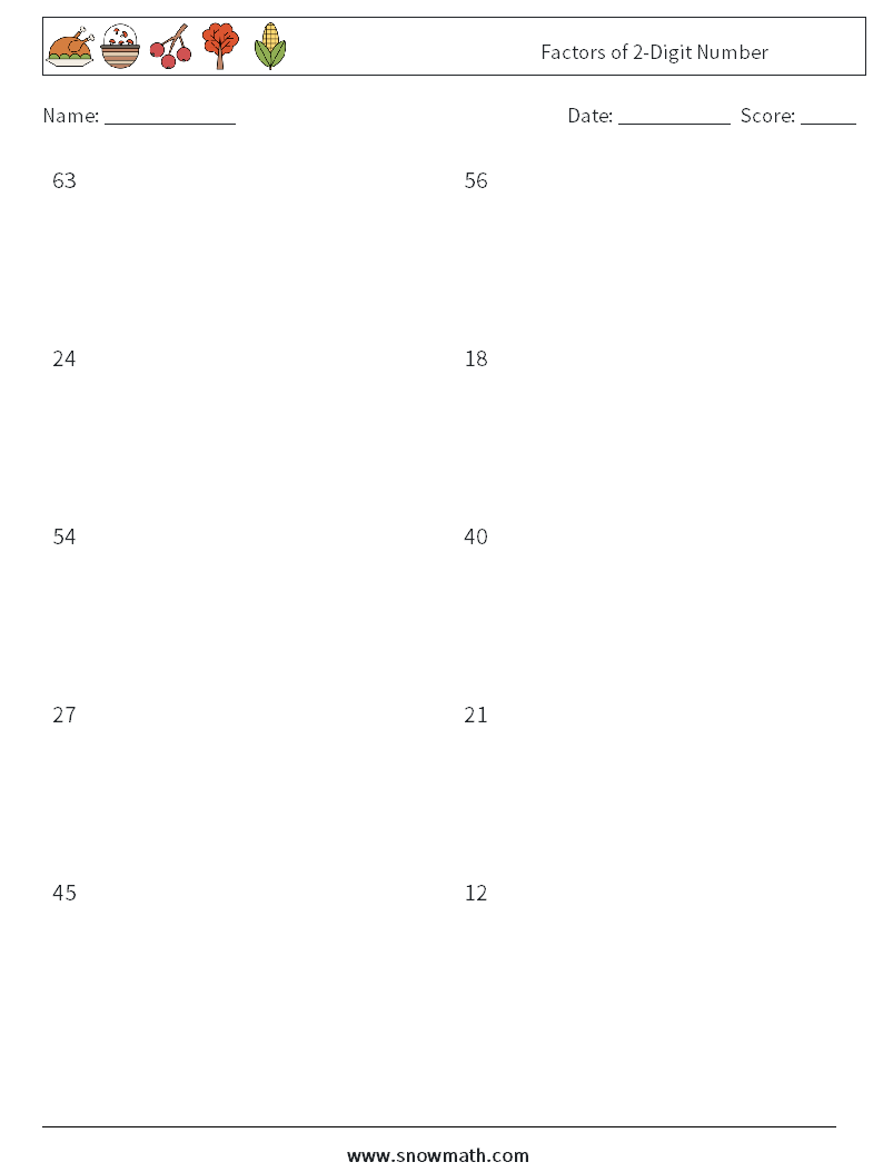 Factors of 2-Digit Number Math Worksheets 5