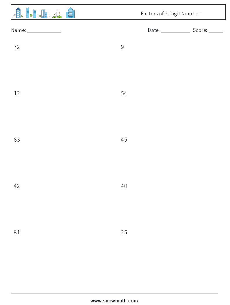 Factors of 2-Digit Number Math Worksheets 8