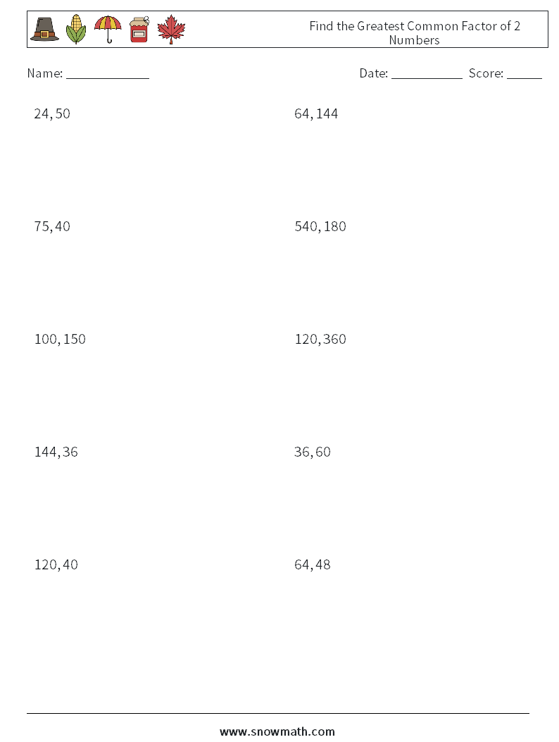 Find the Greatest Common Factor of 2 Numbers Math Worksheets 6