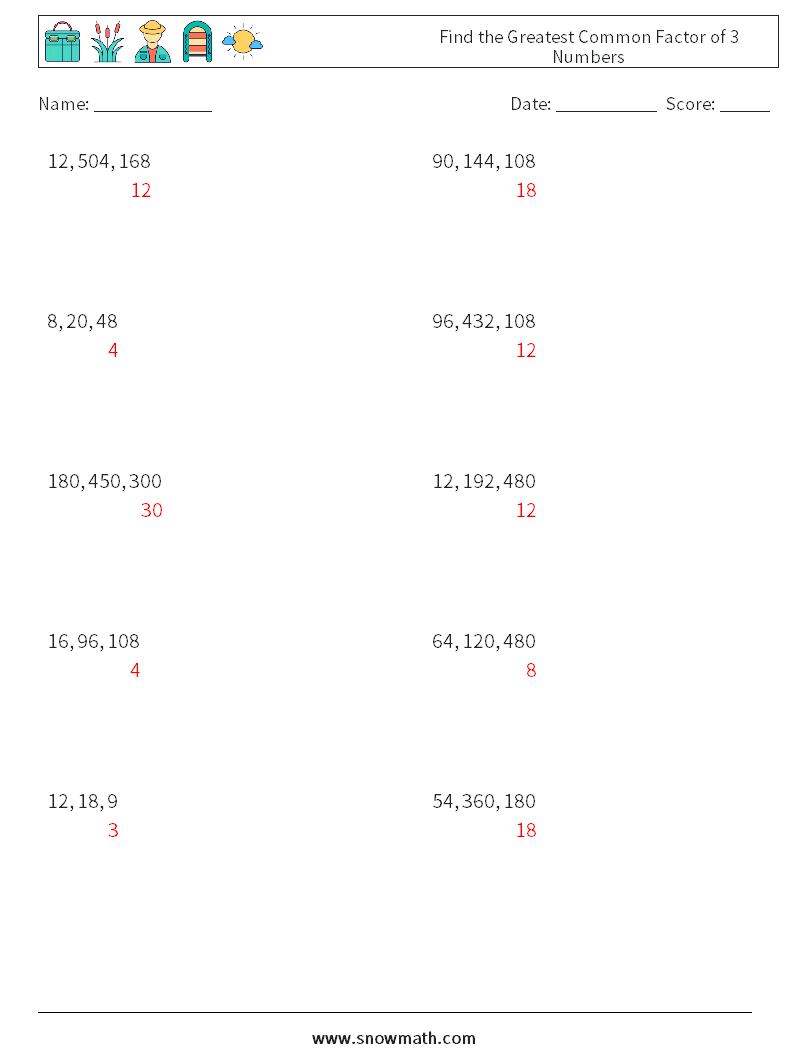 Find the Greatest Common Factor of 3 Numbers Math Worksheets 4 Question, Answer