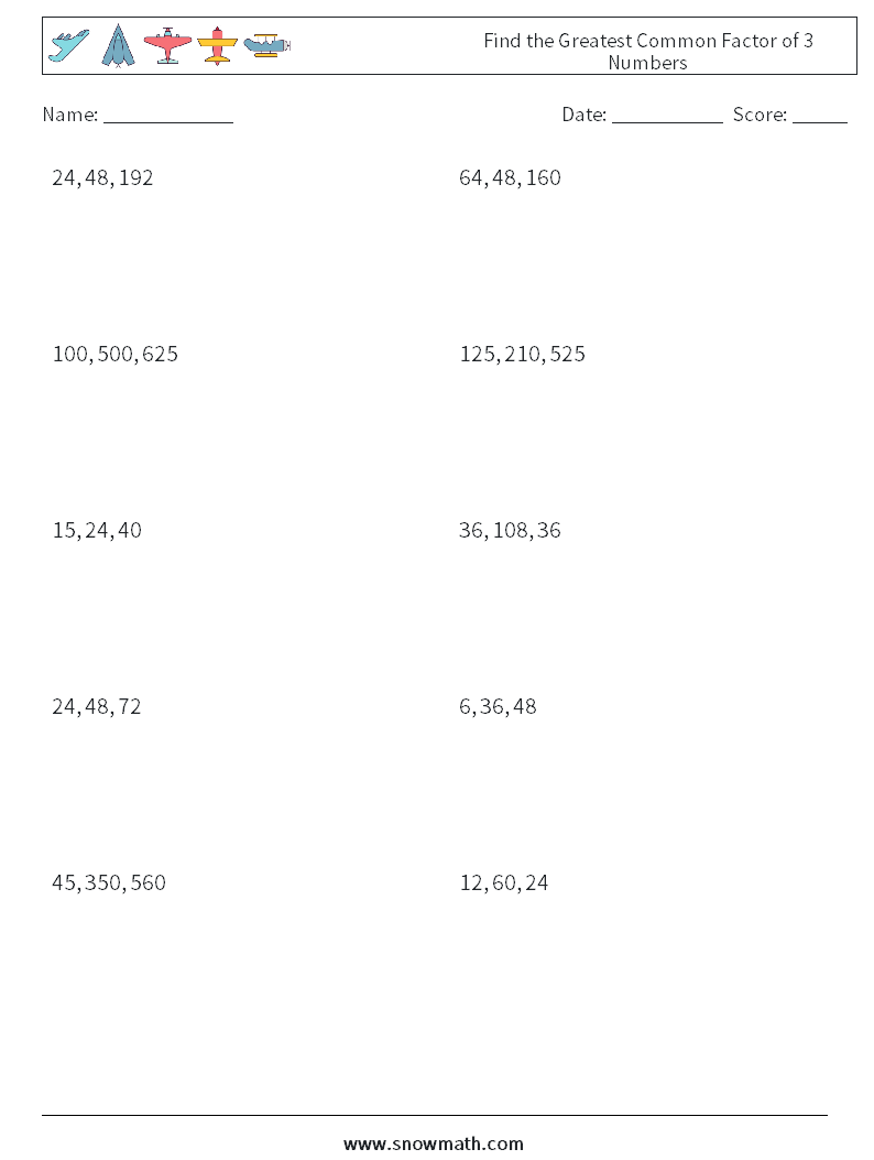 Find the Greatest Common Factor of 3 Numbers Math Worksheets 8