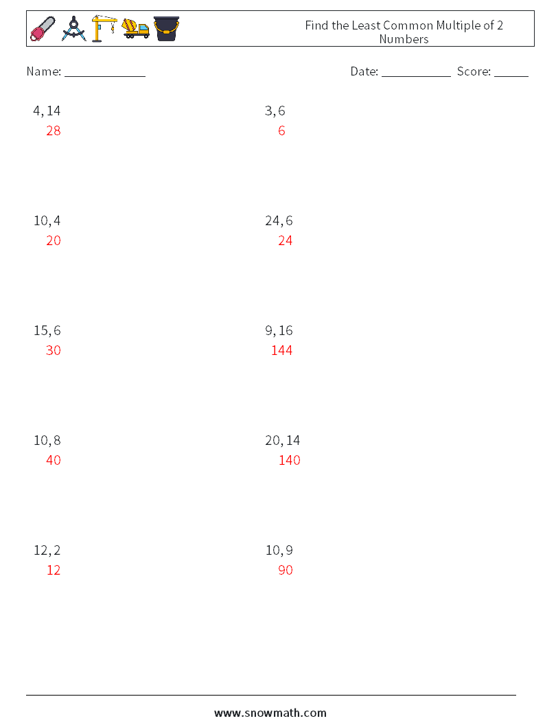 Find the Least Common Multiple of 2 Numbers Math Worksheets 1 Question, Answer