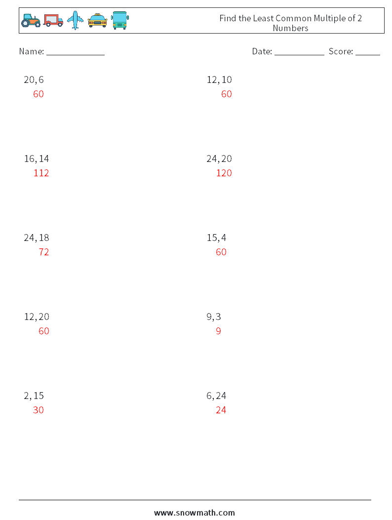 Find the Least Common Multiple of 2 Numbers Math Worksheets 2 Question, Answer