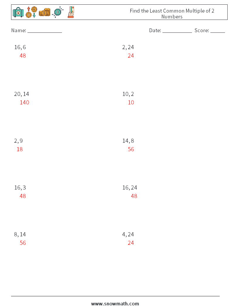 Find the Least Common Multiple of 2 Numbers Math Worksheets 4 Question, Answer