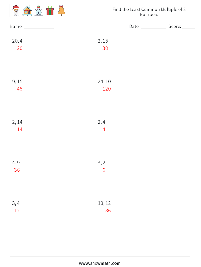 Find the Least Common Multiple of 2 Numbers Math Worksheets 6 Question, Answer