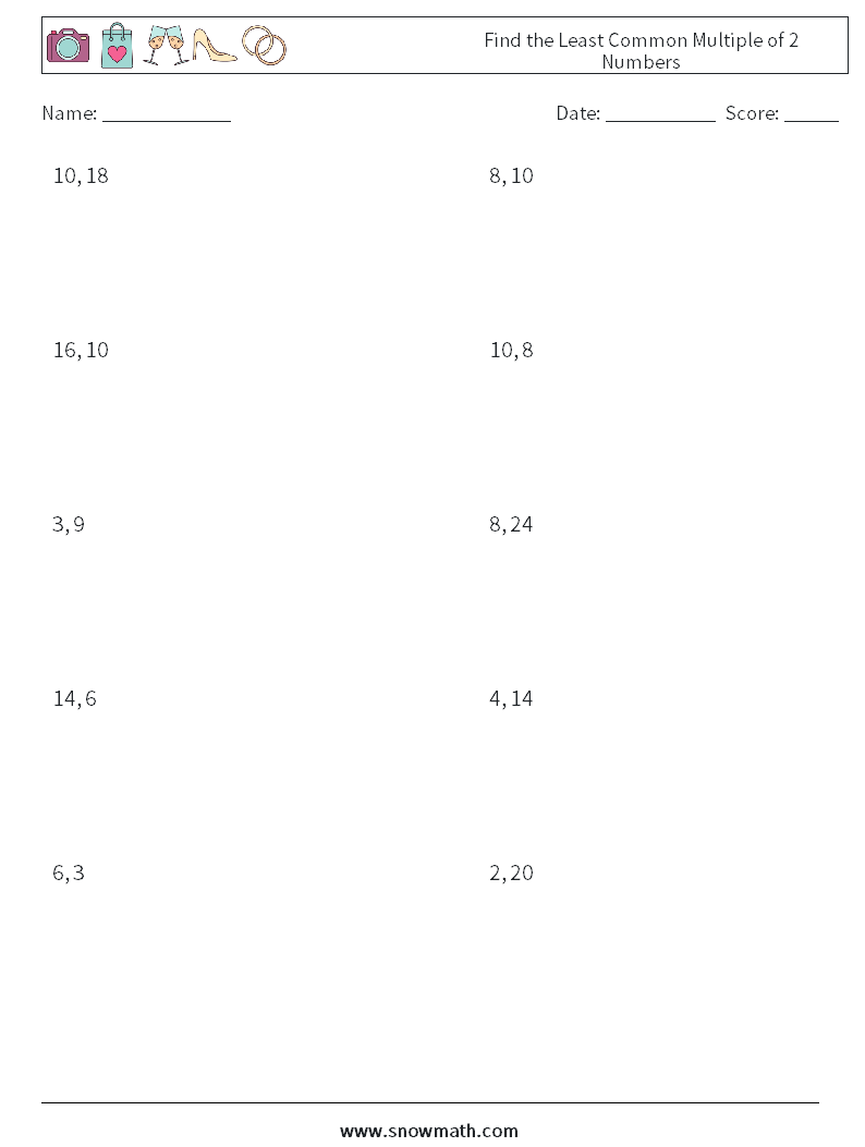 Find the Least Common Multiple of 2 Numbers Math Worksheets 8